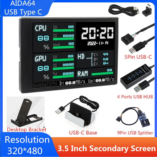 3.5 Inch USB Type-C IPS Secondary Screen AIDA64 LCD CPU GPU RAM Monitoring Screen Display Sub-Screen for Computer  Laptop