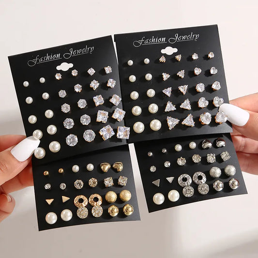 Zircon Crystal Pearl Earrings Fashion Silver Color Geometric Metal Bead Ear Studs For Women Girls 2024 New Trend Jewelry